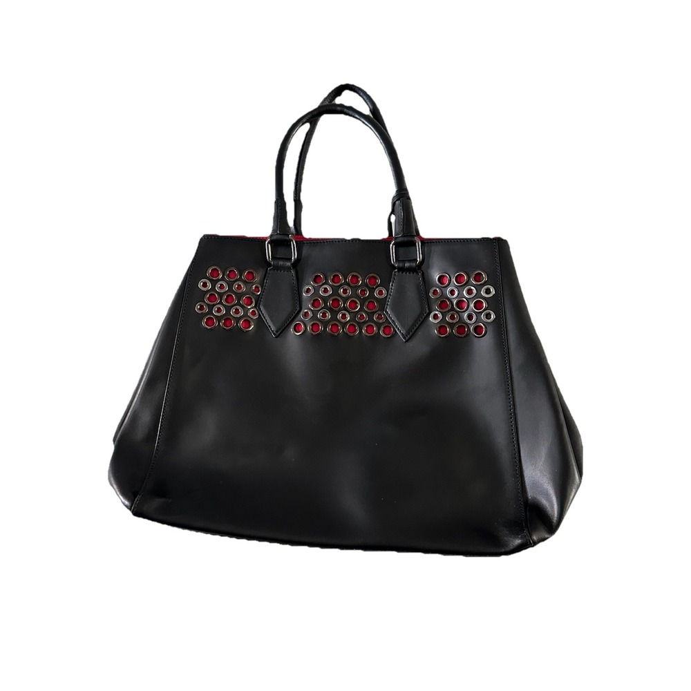 A Bellucci Leather Black/ Red Tote Handbag Double Straps Grommets‎ Rock Chic